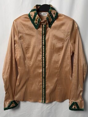 Show Diva Designs Champagne Gold Emerald Green Crystal Western Show Shirt L